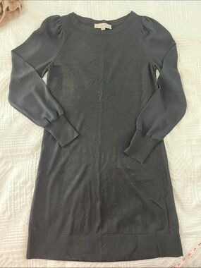 LOFT Black Long-Sleeve Puff-Sleeve Knit Dress with Sheer Sleeves
